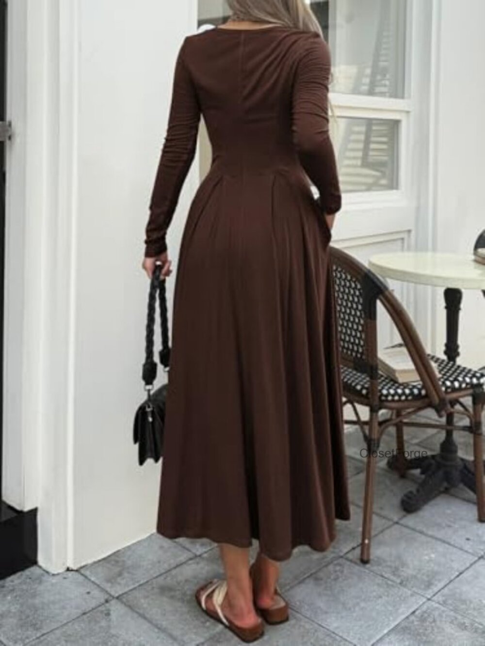Women Long Sleeve Square Neck Maxi Pleated Dress with Pockets Fall Casual - Picture 4 of 6